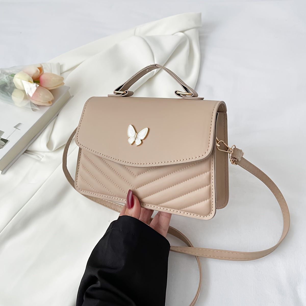 MEELANO Crossbody & Skuldertaske – Trendy Ensfarvet Taske i Kunstlæder Khaki
