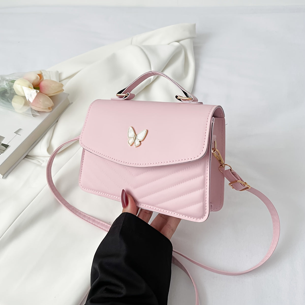 MEELANO Crossbody & Skuldertaske – Trendy Ensfarvet Taske i Kunstlæder Pink