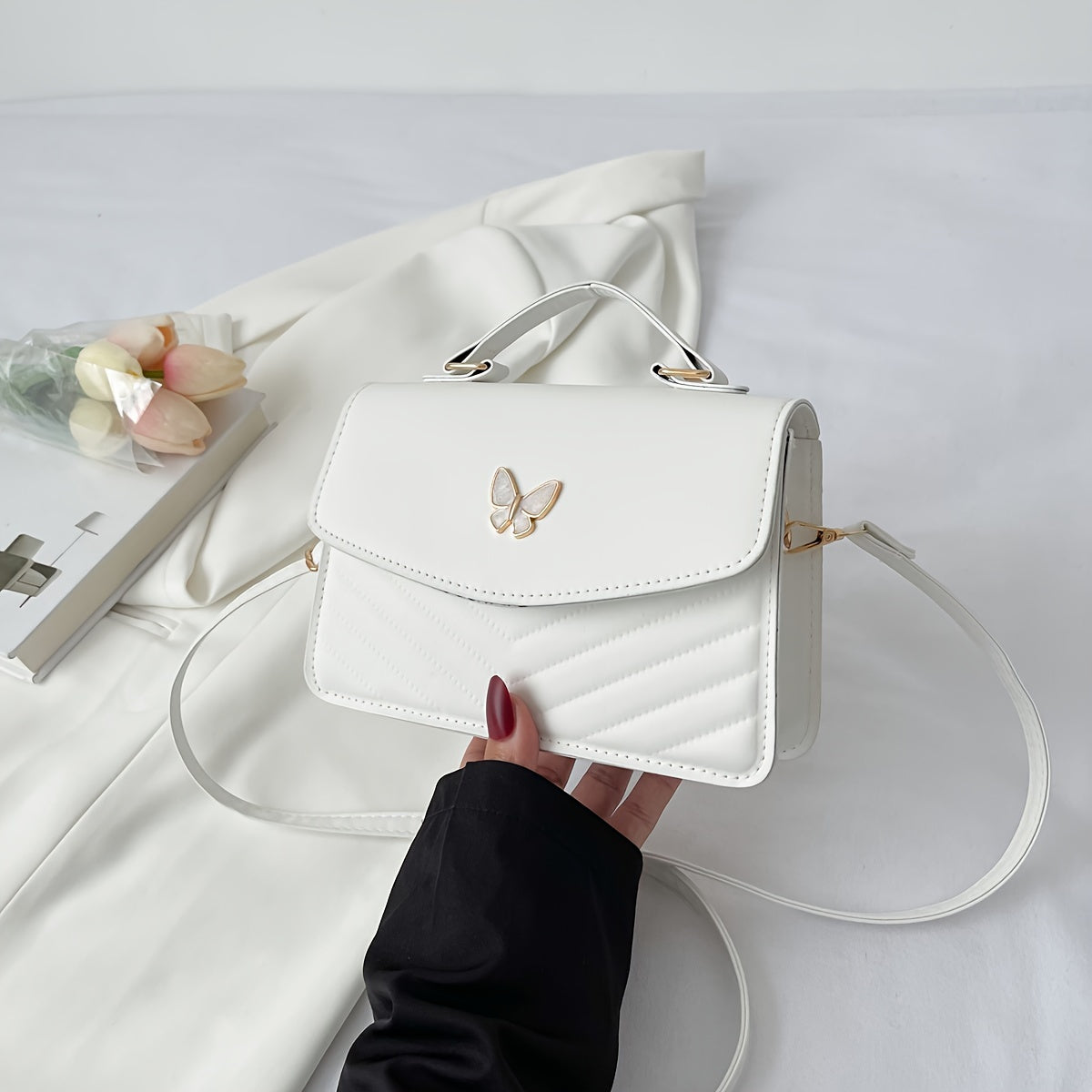 MEELANO Crossbody & Skuldertaske – Trendy Ensfarvet Taske i Kunstlæder Hvid