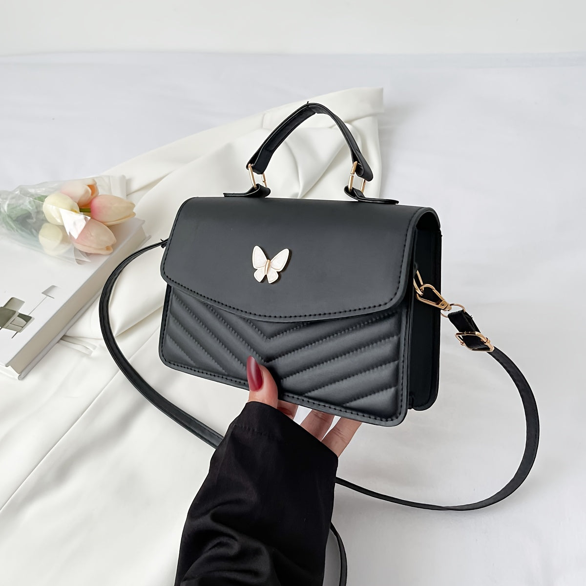 MEELANO Crossbody & Skuldertaske – Trendy Ensfarvet Taske i Kunstlæder Sort