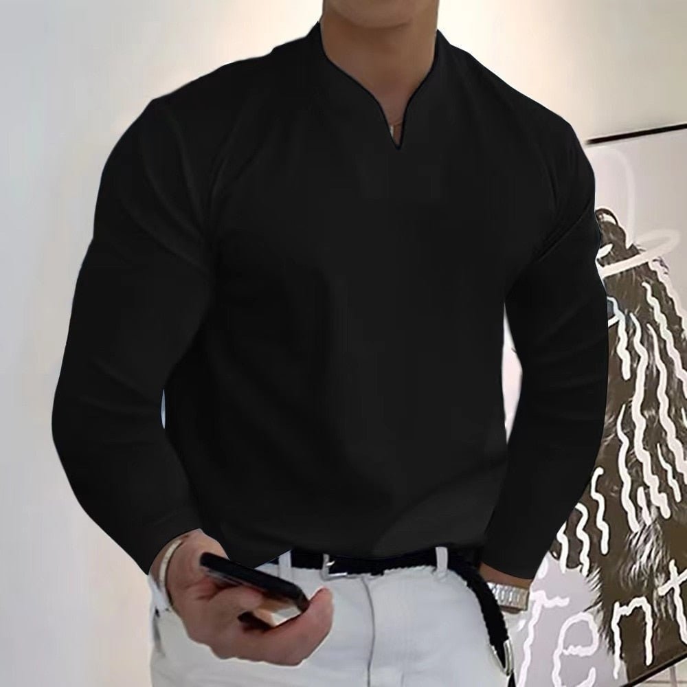 MEELANO Sporty T-shirt med V-udskæring og lange ærmer Sort
