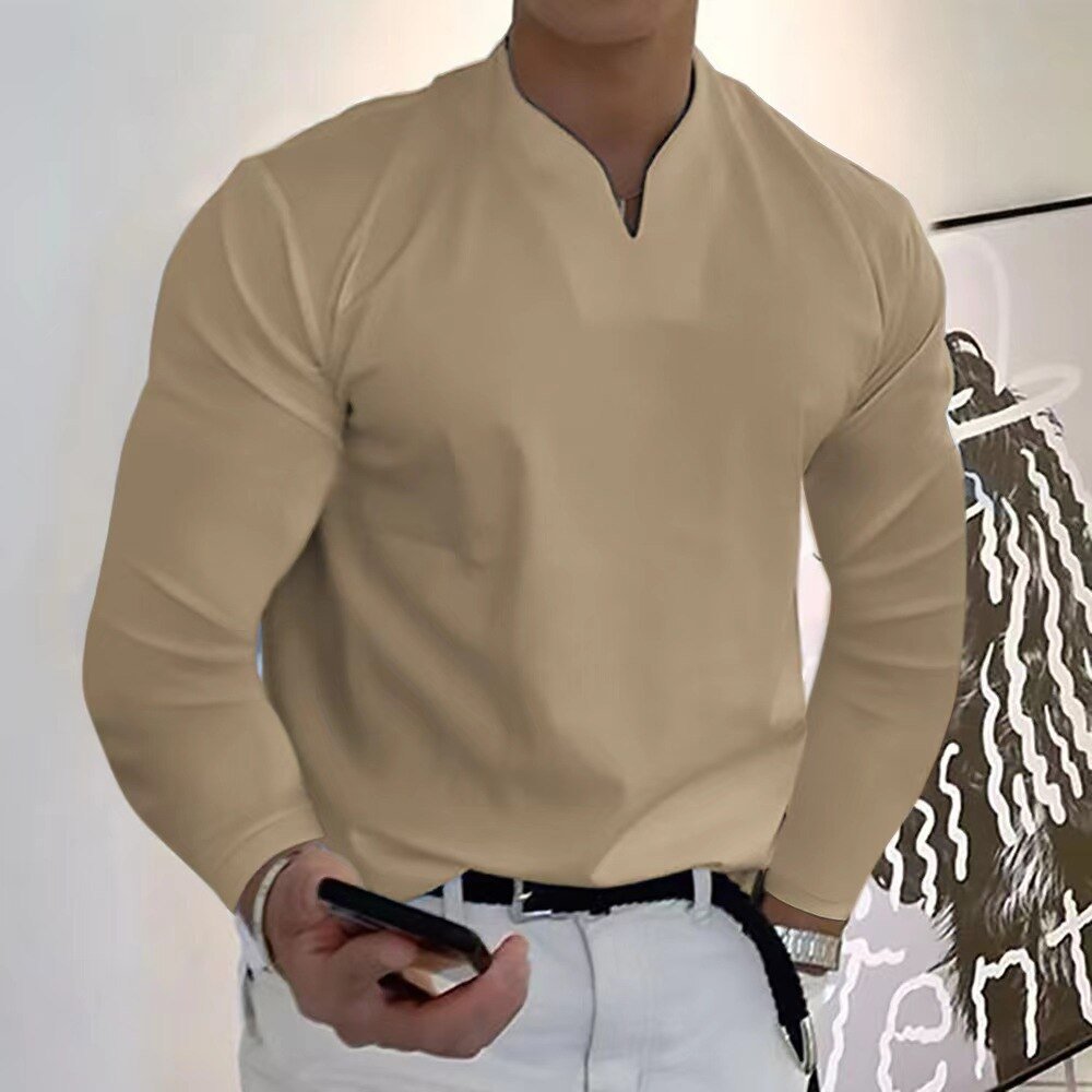 MEELANO Sporty T-shirt med V-udskæring og lange ærmer Khaki