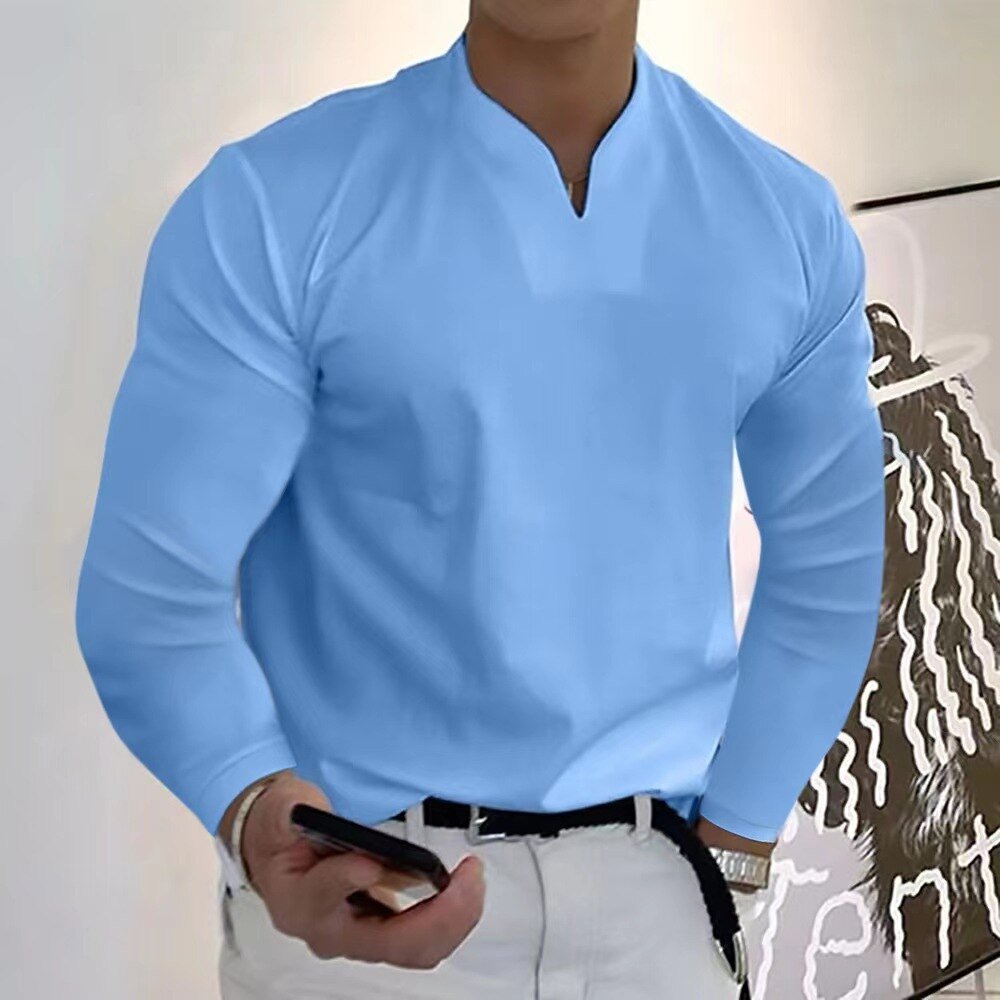 MEELANO Sporty T-shirt med V-udskæring og lange ærmer Lyseblå