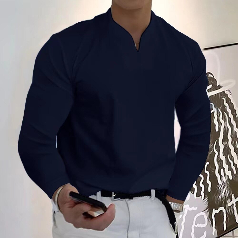 MEELANO Sporty T-shirt med V-udskæring og lange ærmer Mørk blå