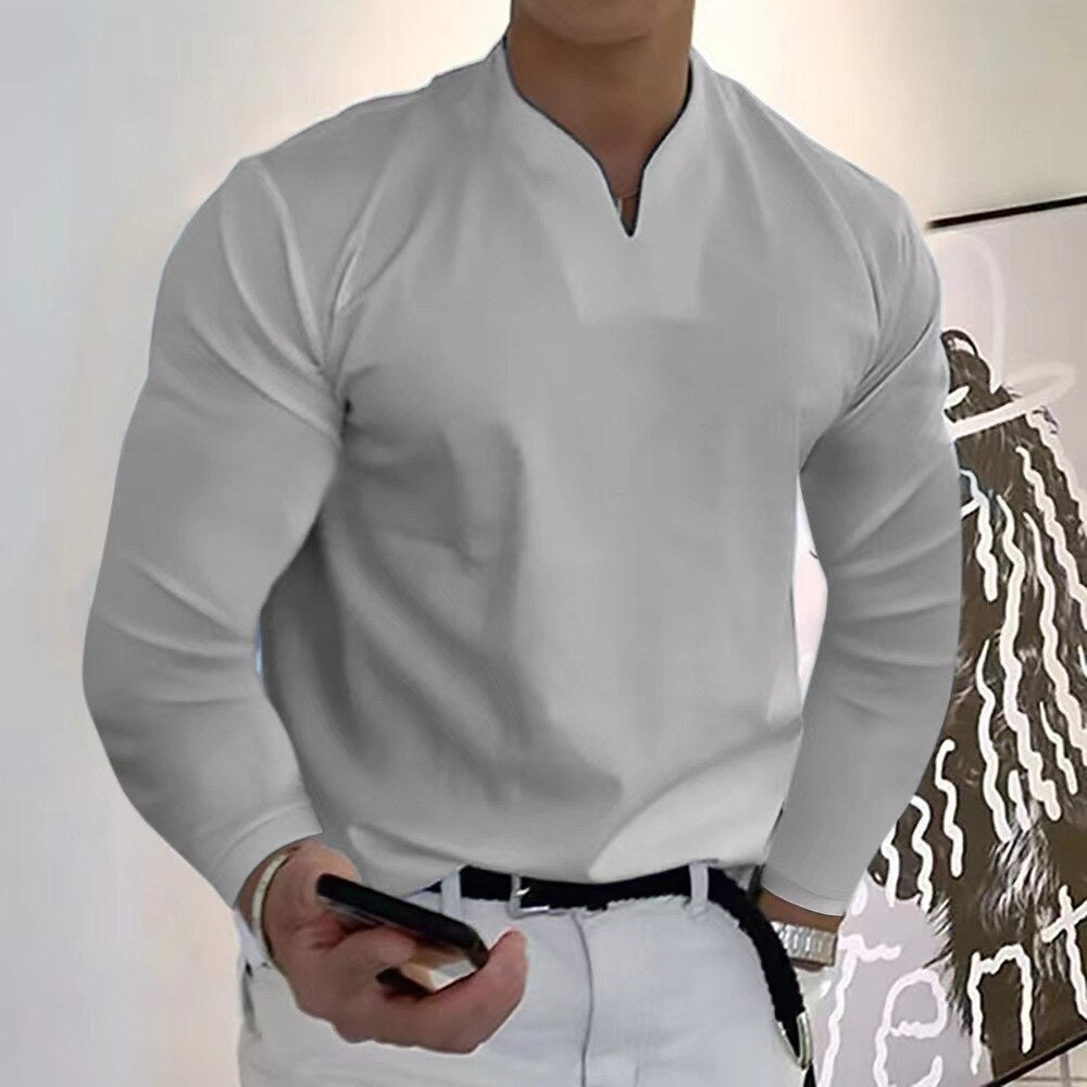 MEELANO Sporty T-shirt med V-udskæring og lange ærmer Lys grå