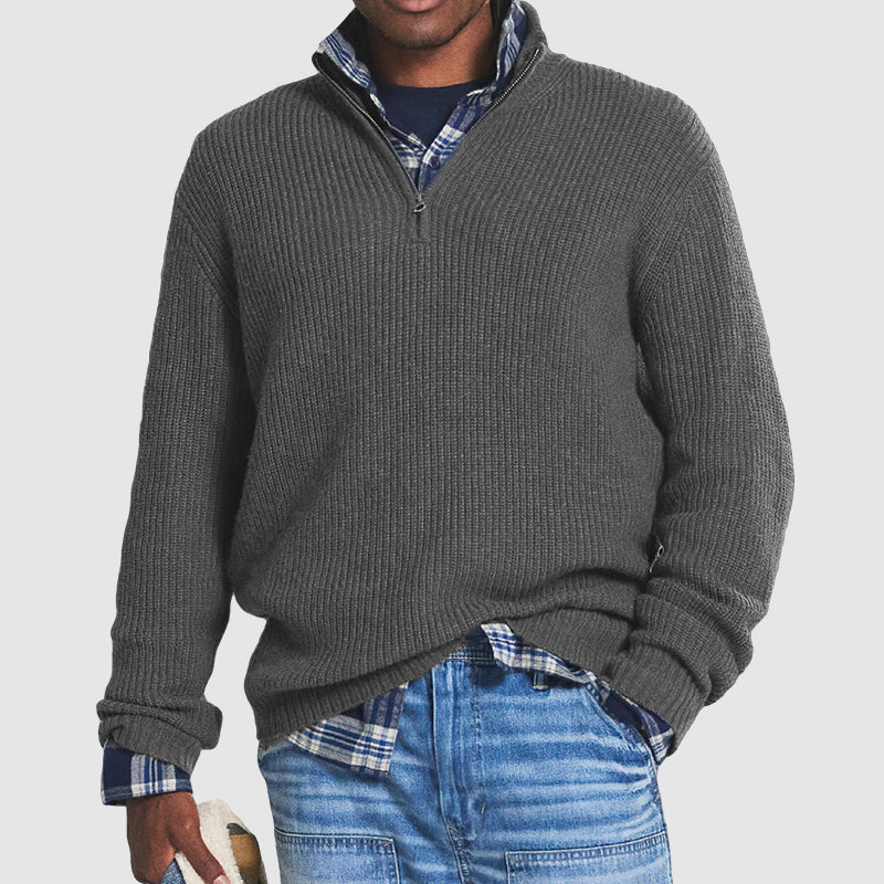 MEELANO Kenneth | Herre Quarter-Zip Ribstrikket Sweater - Varm Striktrøje med Lynlås i Halsen Grå
