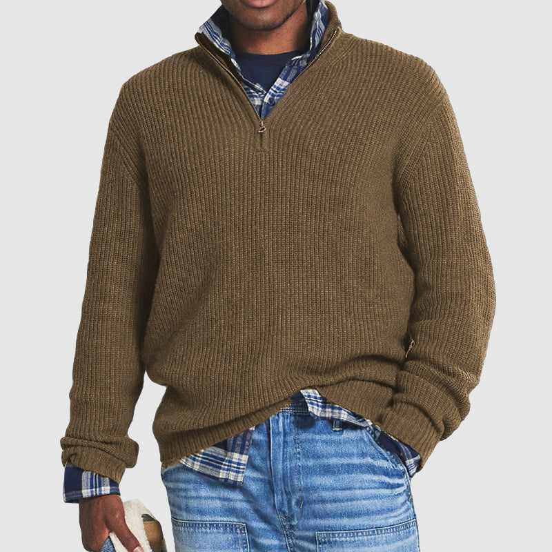 MEELANO Kenneth | Herre Quarter-Zip Ribstrikket Sweater - Varm Striktrøje med Lynlås i Halsen Brun