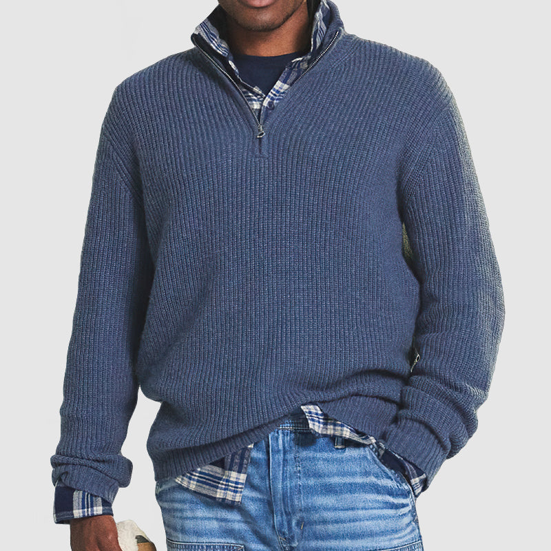 MEELANO Kenneth | Herre Quarter-Zip Ribstrikket Sweater - Varm Striktrøje med Lynlås i Halsen Blå