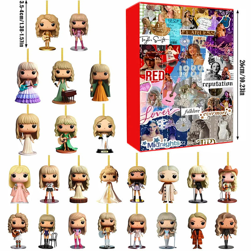 MEELANO Julekalender med Popstjerne-tema – 24 Håndlavede 2D-figurer til Juletræet eller Tasken, Julegave til Musikfans