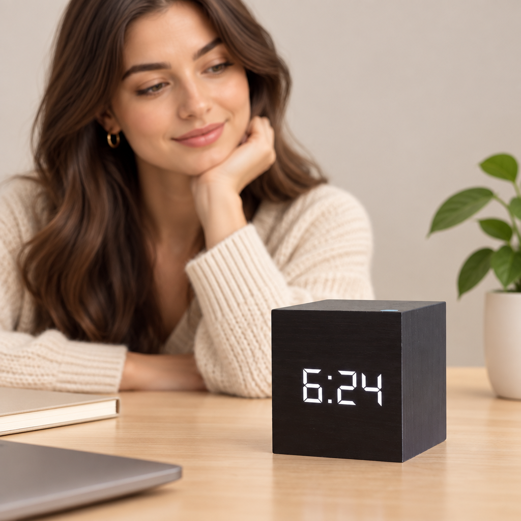 MEELANO Digitalt Firkantet LED-vækkeur – Vækkeur i Træ-look med Tid, Dato & Temperatur, Nattilstand, USB eller Batteri – TimeCube
