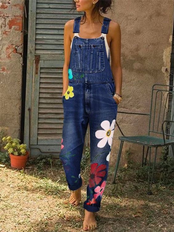 MEELANO Ærmeløs Denim-overall med Håndlavede Blomstermotiver – Retro Komfort & Kreativt Design Mørkeblå