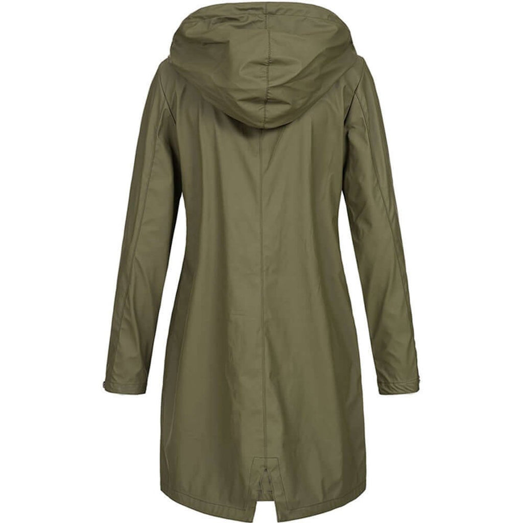MEELANO Foret Trenchcoat med Hætte – Vandafvisende Regnjakke med Lynlås & Trykknaplommer, Halvlang, S-3XL – Luna Willow Mørkegrøn