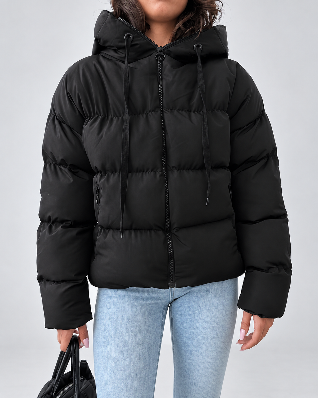 MEELANO Oversized Pufferjakke Dame med Hætte – Quiltet Vinterjakke med Lynlås, Sidelommer & Ribkanter, Sort, S-XL – Luna