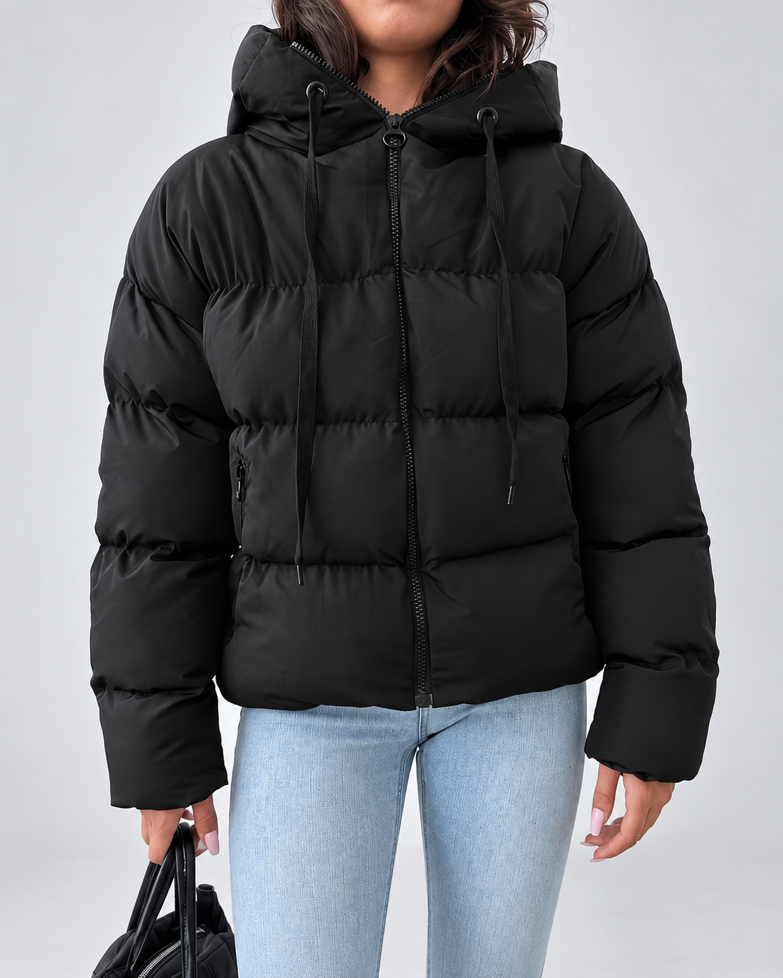 MEELANO Oversized Pufferjakke Dame med Hætte – Quiltet Vinterjakke med Lynlås, Sidelommer & Ribkanter, Sort, S-XL – Luna