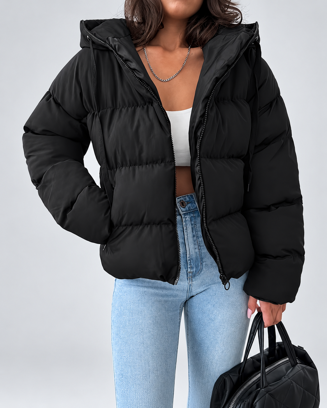 MEELANO Oversized Pufferjakke Dame med Hætte – Quiltet Vinterjakke med Lynlås, Sidelommer & Ribkanter, Sort, S-XL – Luna Sort